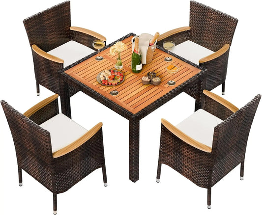Patio Dining Set With Wicker Chairs And Wood Table Top
