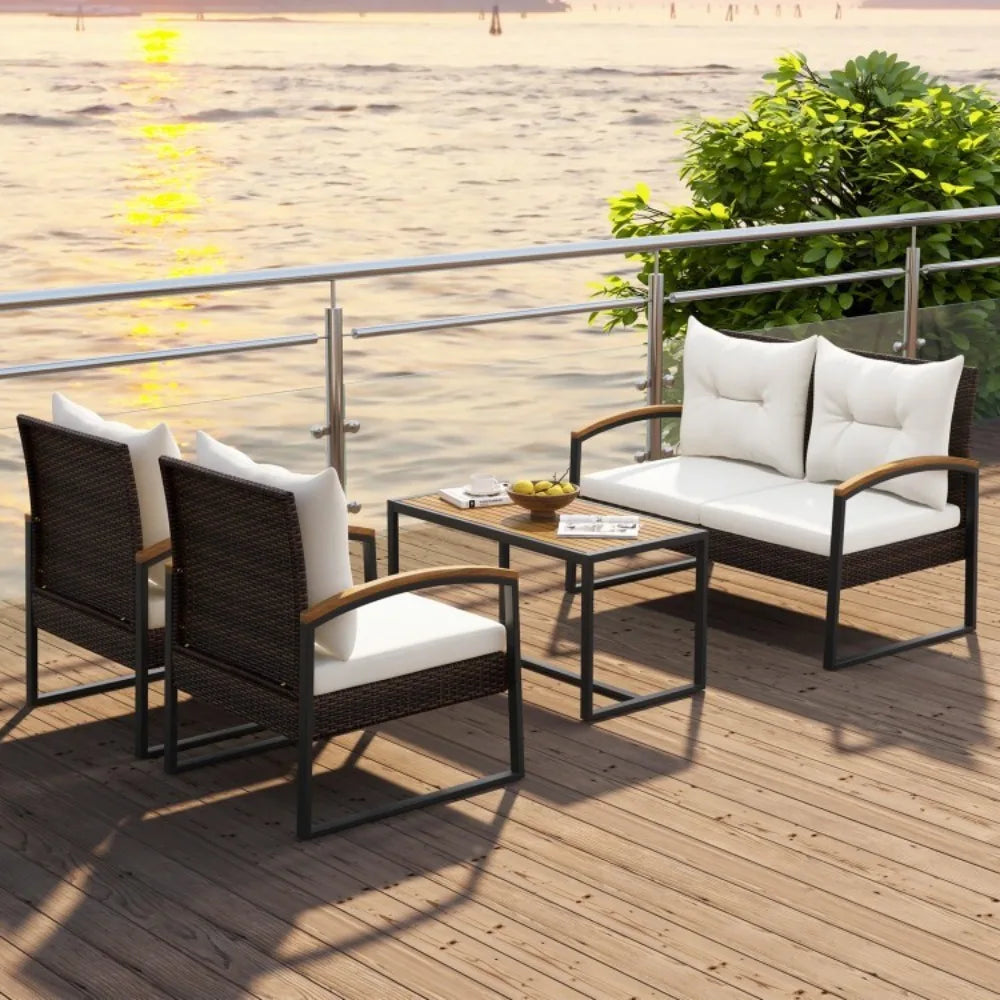 Patio Outdoor Rattan Conversation Sofa Set With Tabletop Cushions