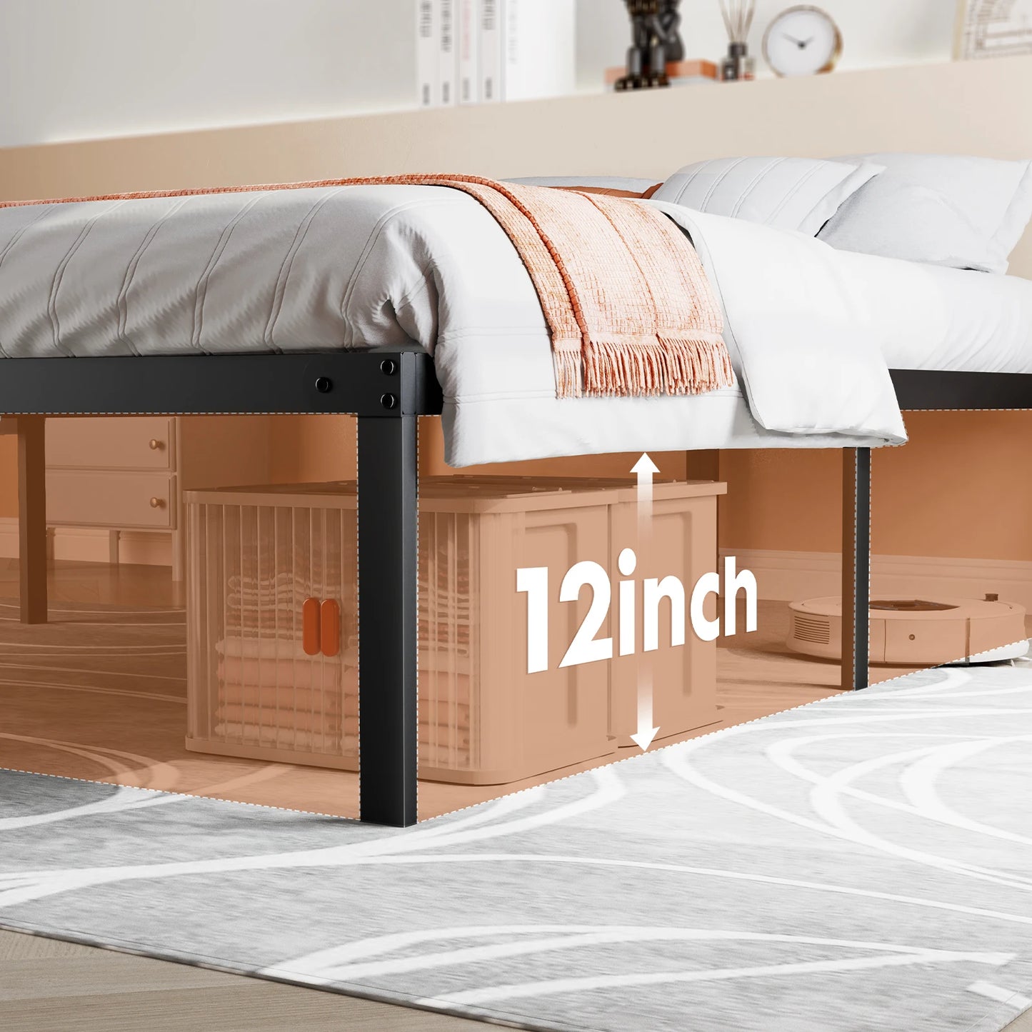 JHK Metal Bed Frame With Storage And Solid Slat Support
