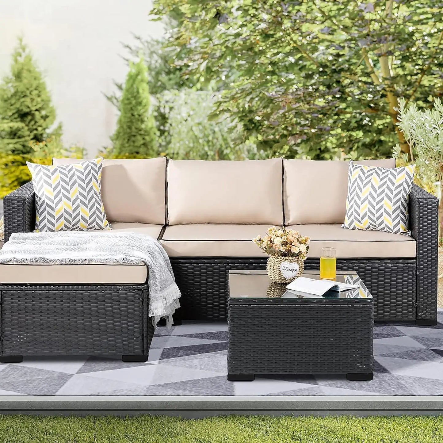 Outdoor Three-Piece Rattan Sectional Set With Glass Table Cushions