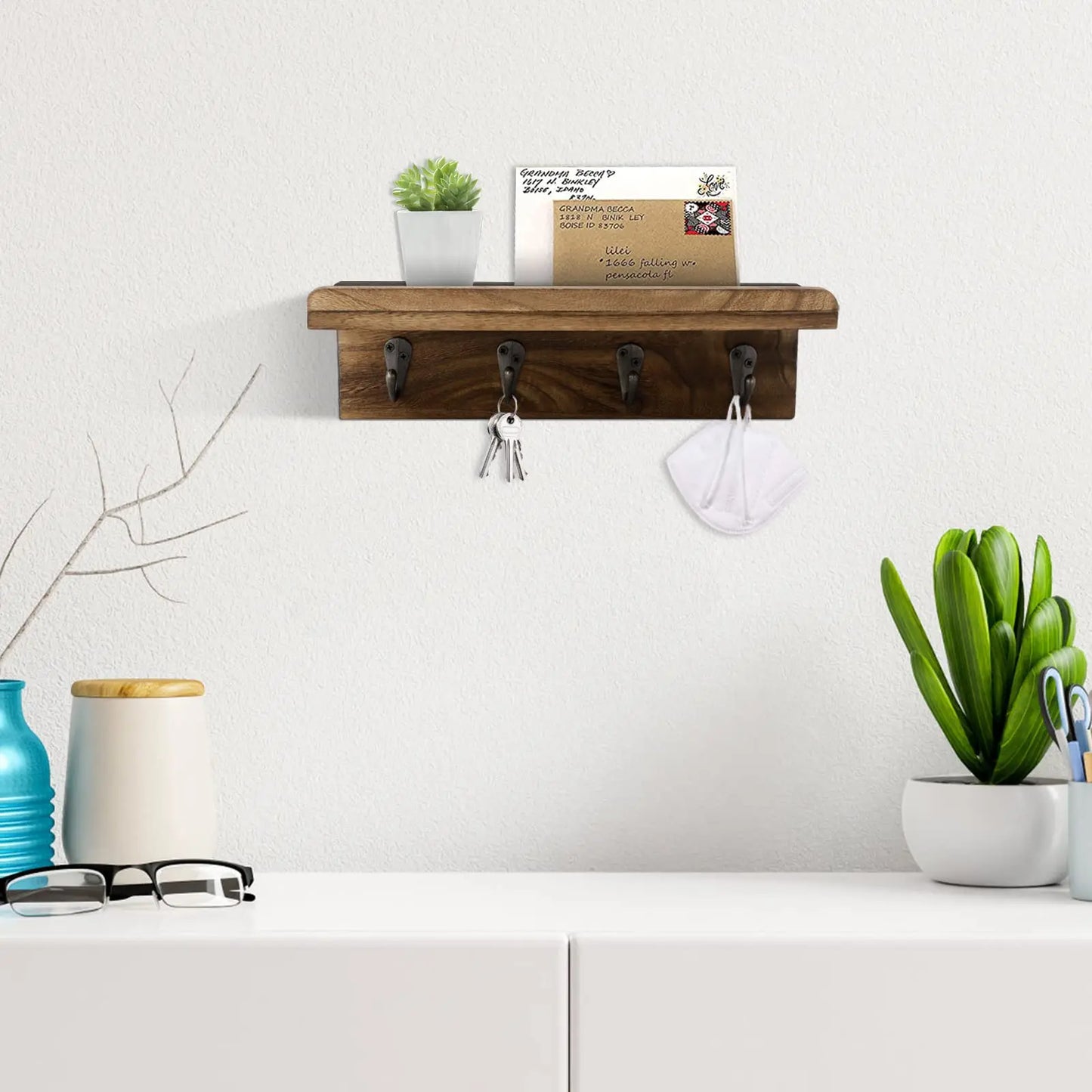 Rustic Wood Key Holder Wall Mount With Four Hooks Decor
