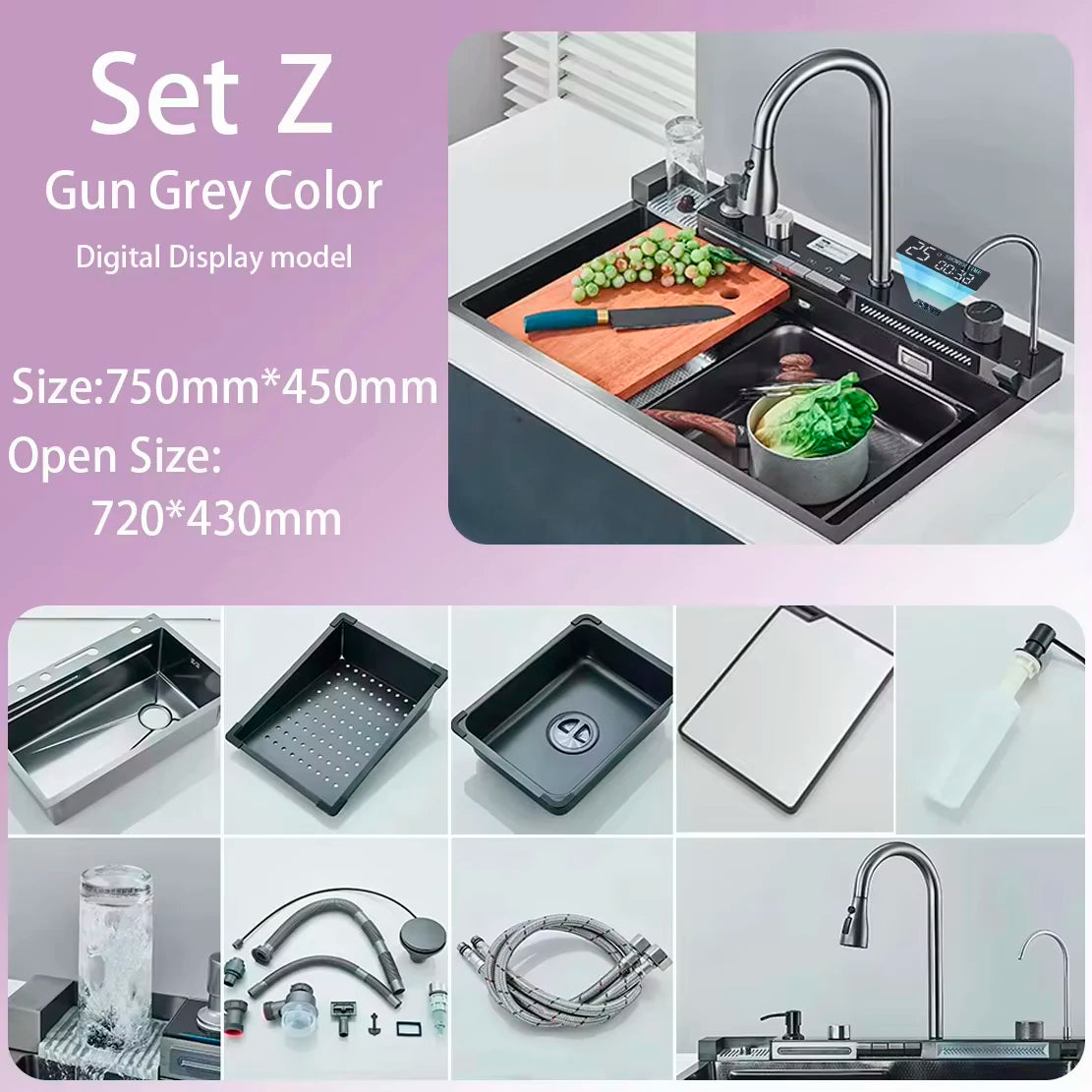 Stainless Steel Kitchen Waterfall Sink With Digital Display