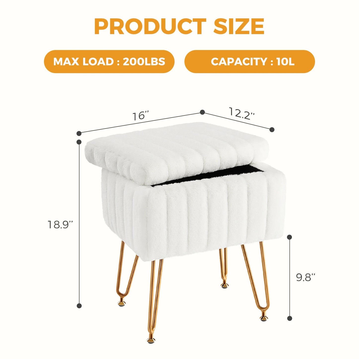 JHK Faux Fur Living Room Hidden Storage Stools & Ottomans Padded Makeup with 4 Metal Legs Anti-Slip Adjustable Feet for Home