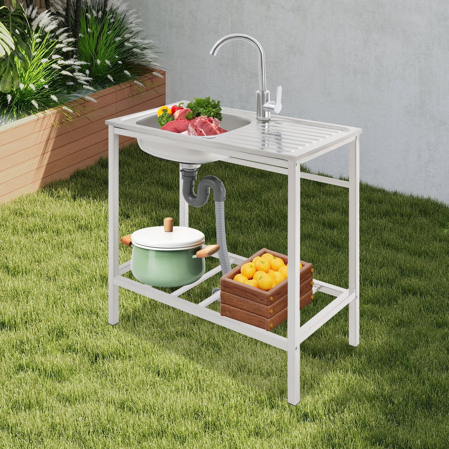 Stainless Steel Free Standing Single Bowl Kitchen Sink With Faucet