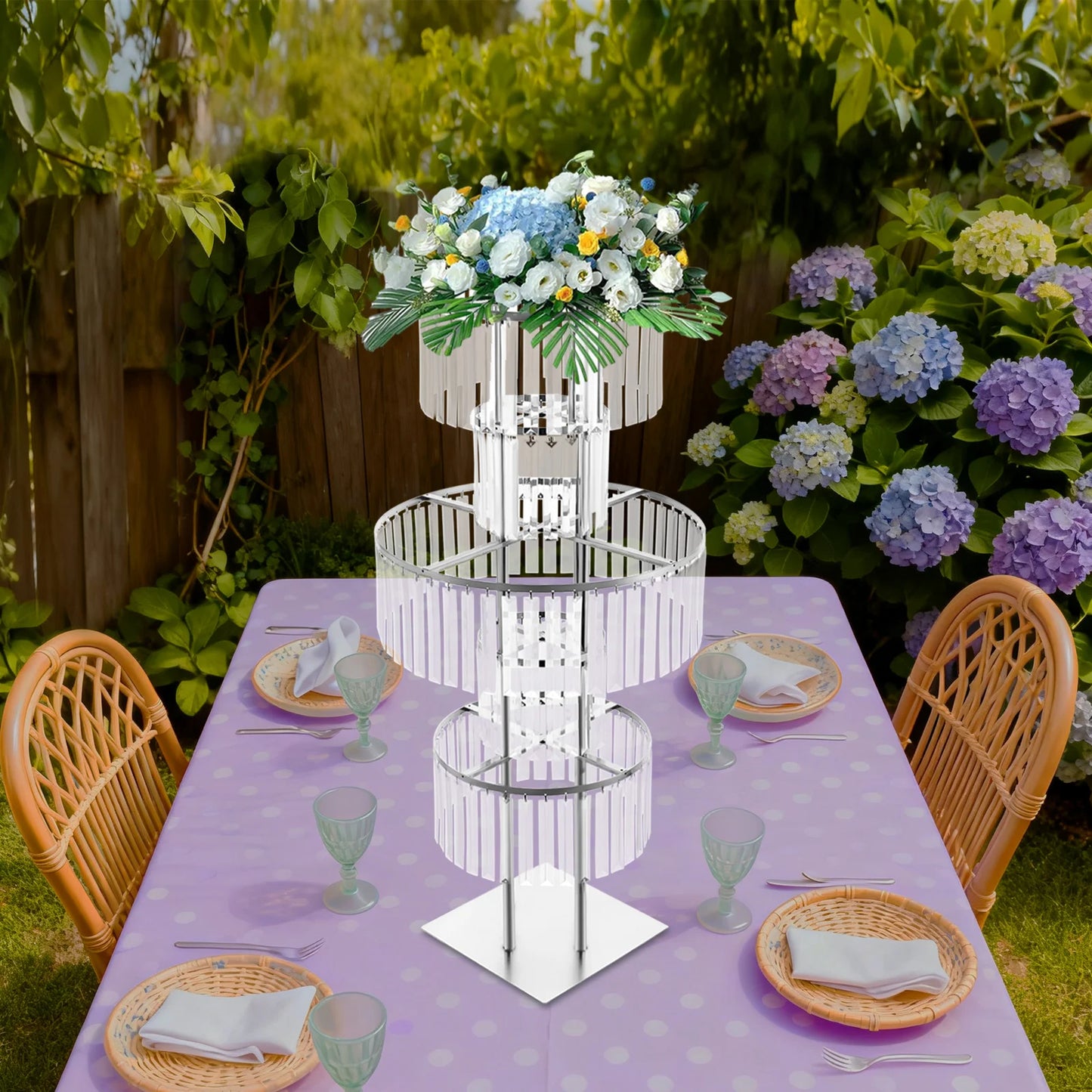 5-Tier Flower Stand Centerpiece With Crystal Pendants