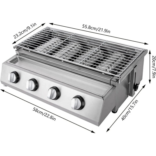 Portable 4-Burner Smokeless Stainless Steel Tabletop Gas Grill For Camping
