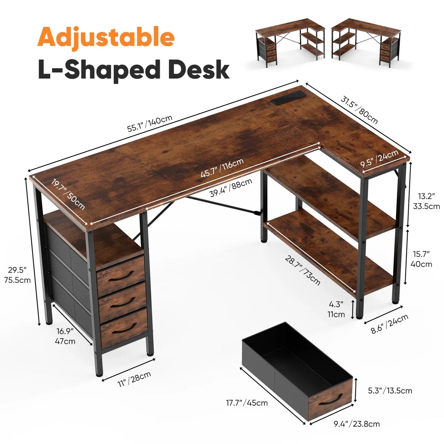 JHK L Shaped Desk With Shelves And Drawers