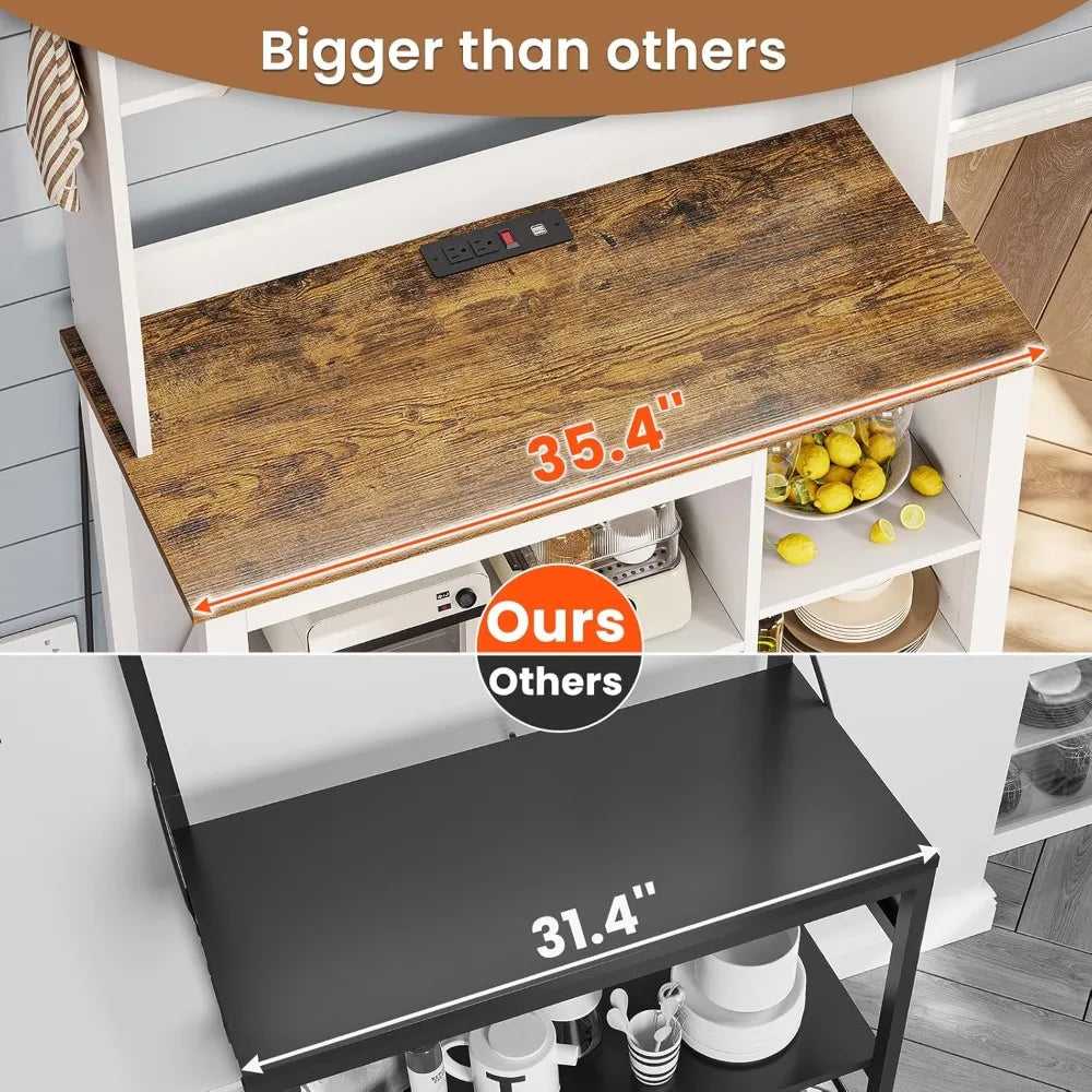 Bakers Rack with Power Outlet and Storage, Farmhouse Coffee Bar Cabinet, Microwave Stand Kitchen Cabinet with Hutch