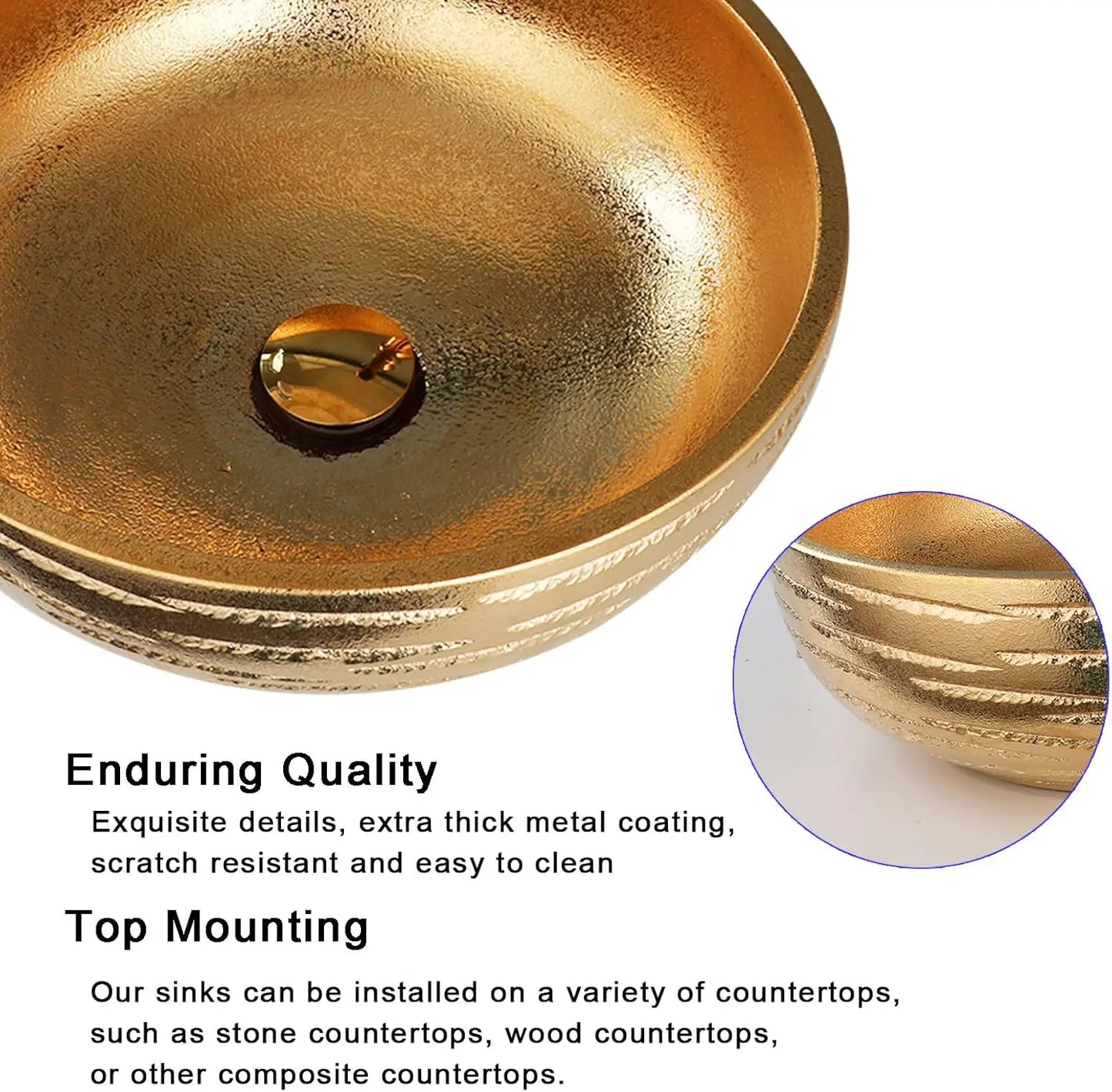 KEMAIDI Round Gold Ceramic Vessel Sink Set, Textured Golden Bathroom Basin with Faucet Luxury Above-Counter Vanity Sink Combo