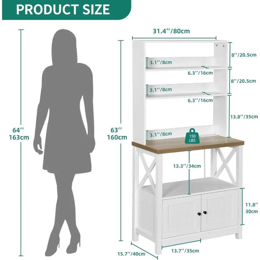 YITAHOME White Microwave Stand Bakers Rack Cabinet, Farmhouse Freestanding Small Kitchen Pantry Hutch Tall w Door Power Outlet T