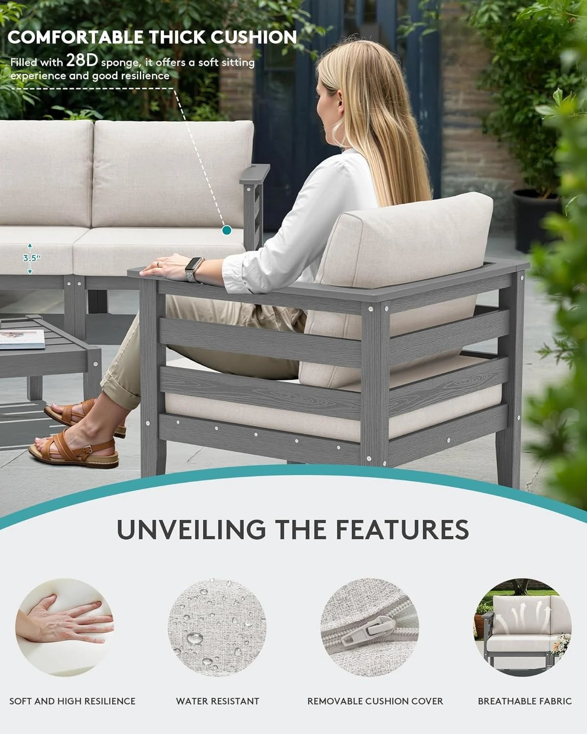 HDPE Patio Furniture Set 6-Piece Outdoor Sectional Sofa And Table