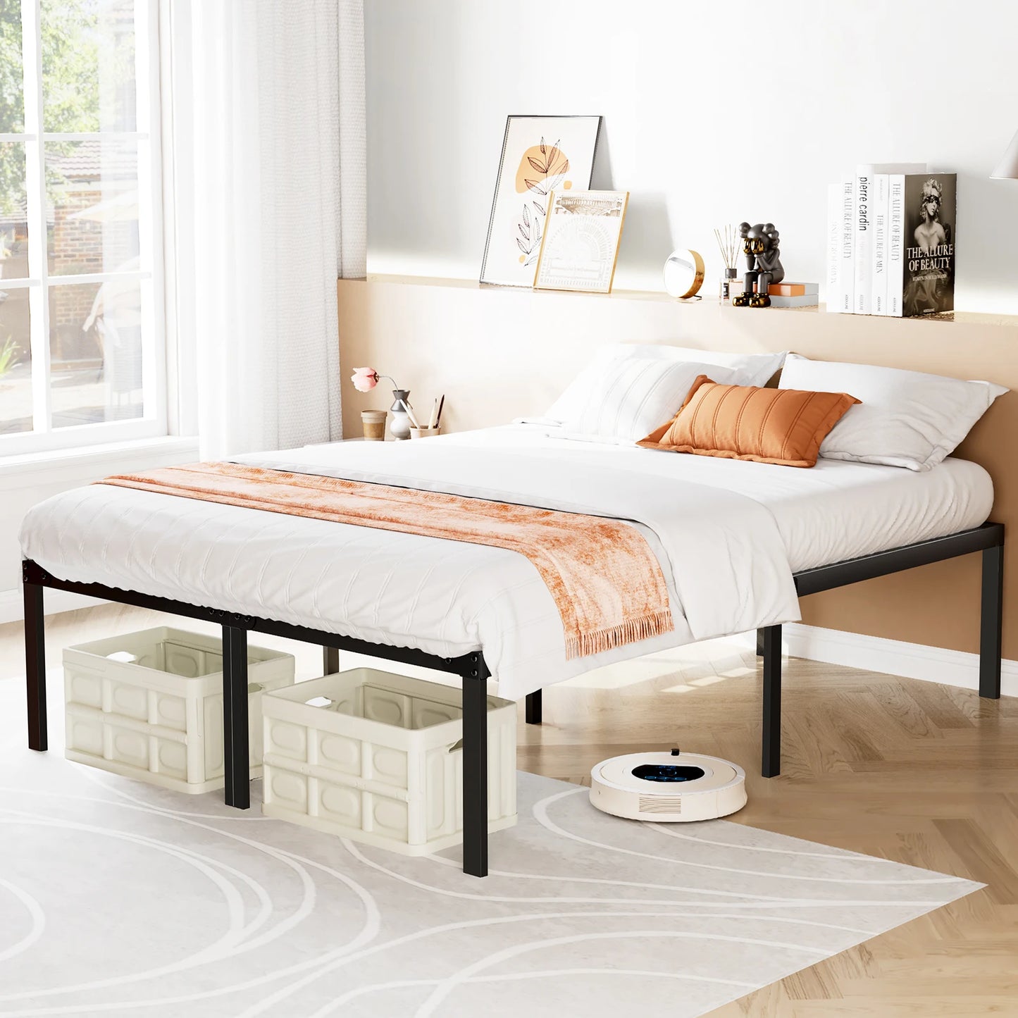 JHK Metal Bed Frame With Storage And Solid Slat Support