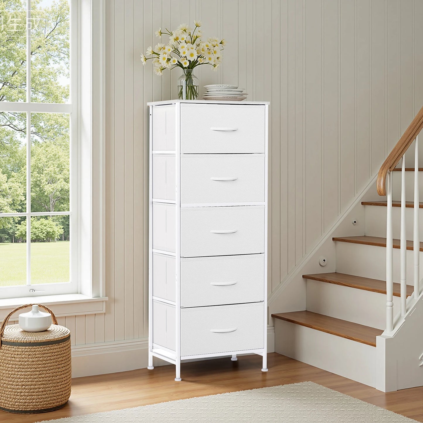 JHK 48 Inch Dresser With 5 Fabric Drawers Bedroom Storage Cabinet