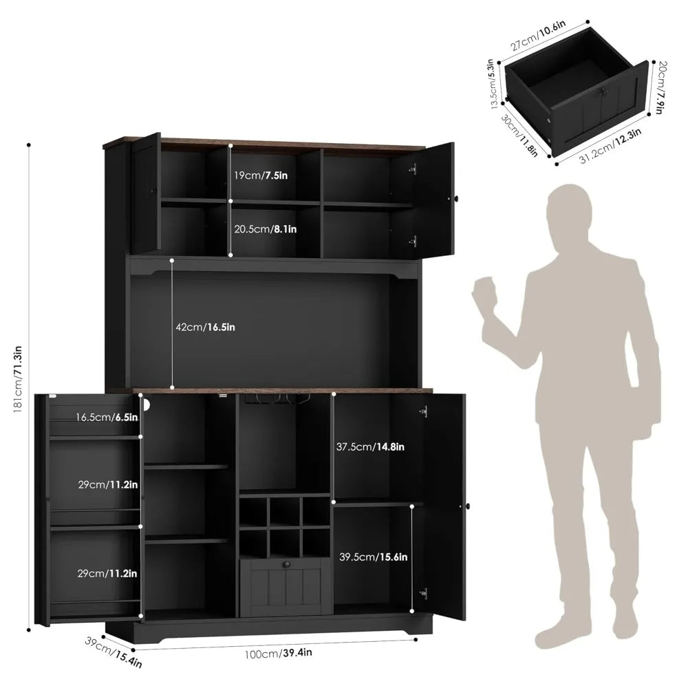 71" Pantry Cabinet with LED Light and Charging Station, Kitchen Pantry Cabinet with Microwave Stand, Kitchen Hutch, Customized