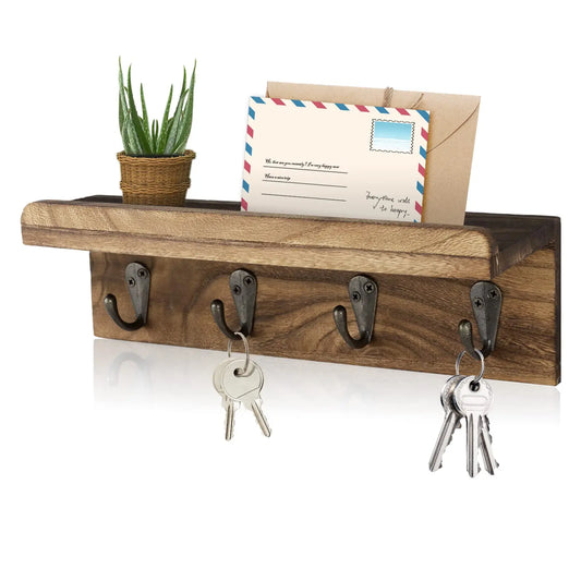 Rustic Wood Key Holder Wall Mount With Four Hooks Decor