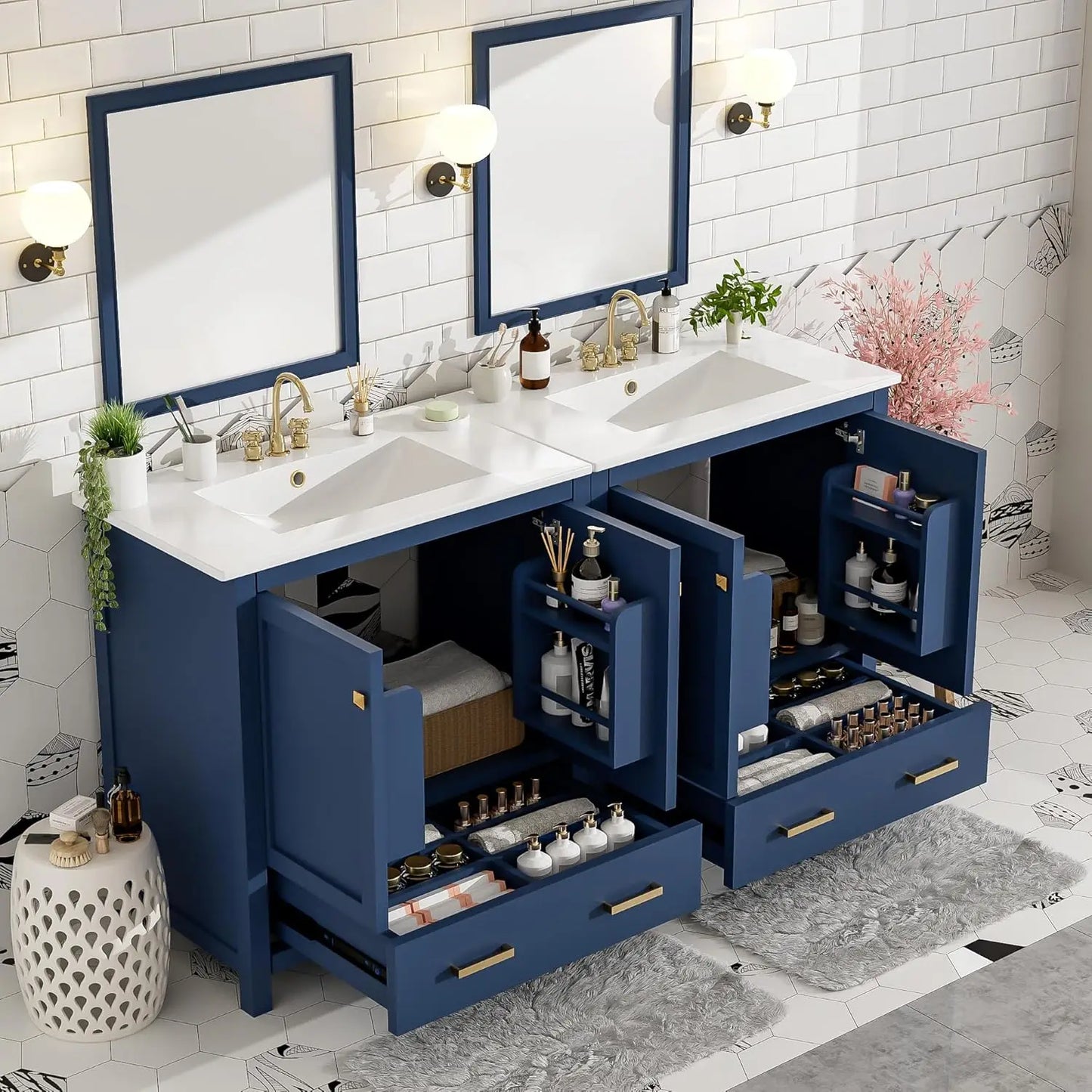 Double Sink Bathroom Vanity Solid Wood Cabinet With Storage Drawers