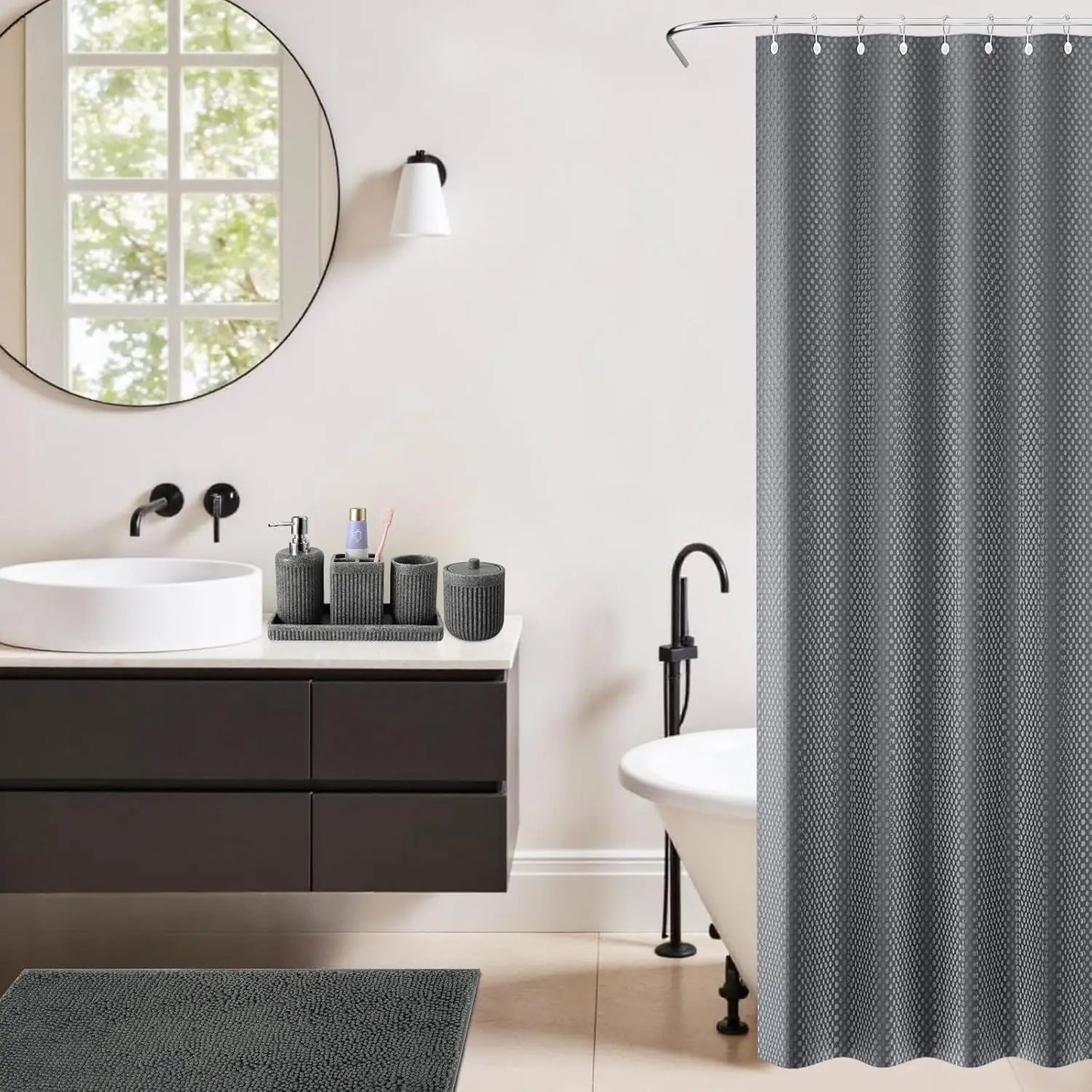 8-Piece Grey Bathroom Set with Shower Curtain, Rugs, Soap Dispenser & Organizers - Resin Accessories for Modern Homes