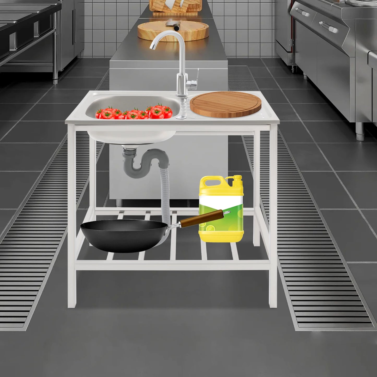 Stainless Steel Free Standing Single Bowl Kitchen Sink With Faucet