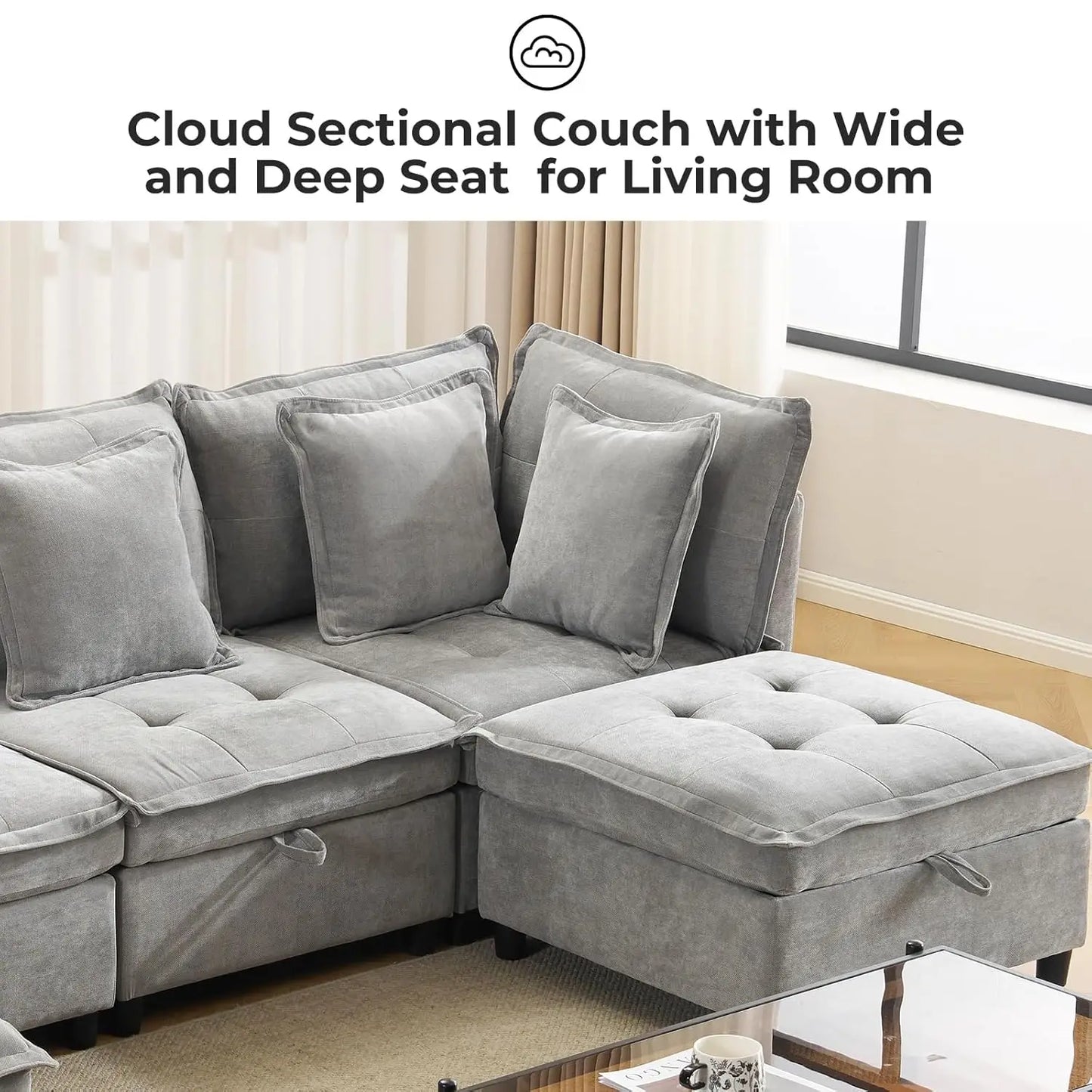 133' U-Shaped Modern Sofa Oversized L-Shaped Sectional Cloud Couch with 2 Ottomans Customizable Home Theater Seating Group