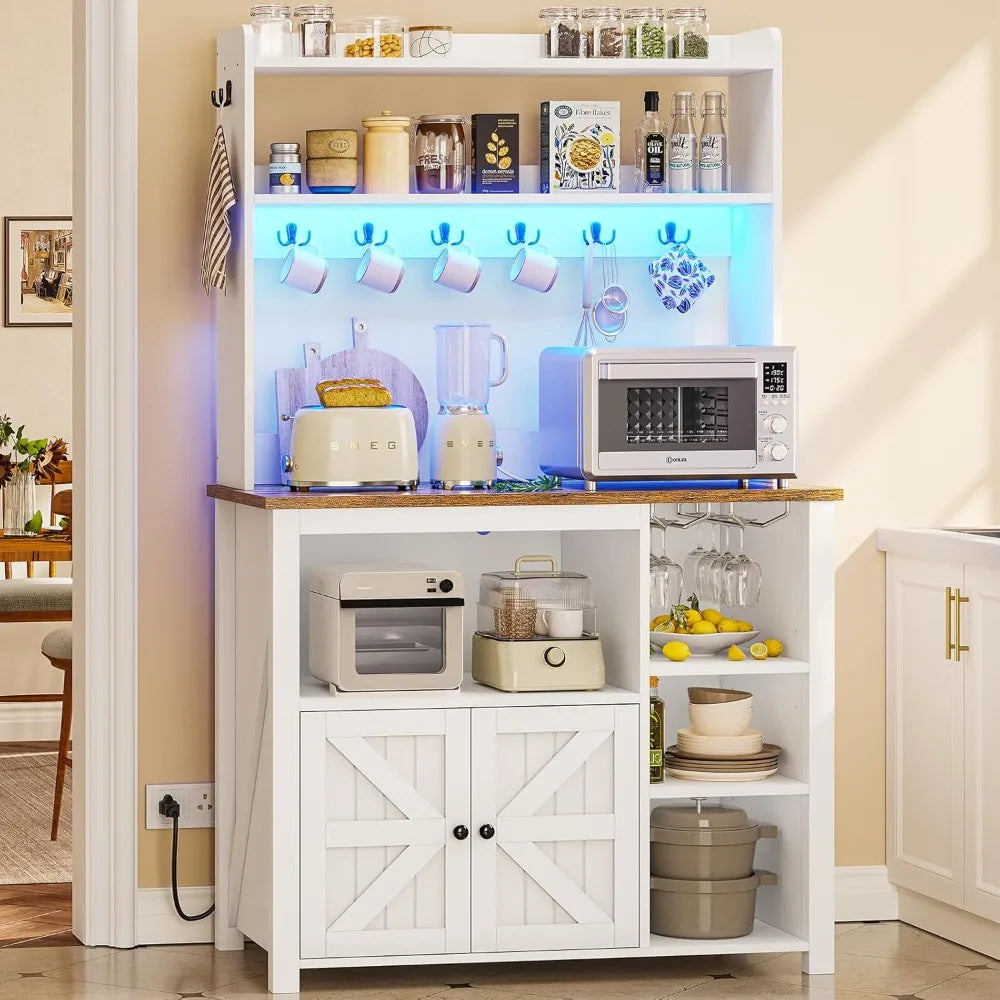 Bakers Rack with Power Outlet and Storage, Farmhouse Coffee Bar Cabinet, Microwave Stand Kitchen Cabinet with Hutch