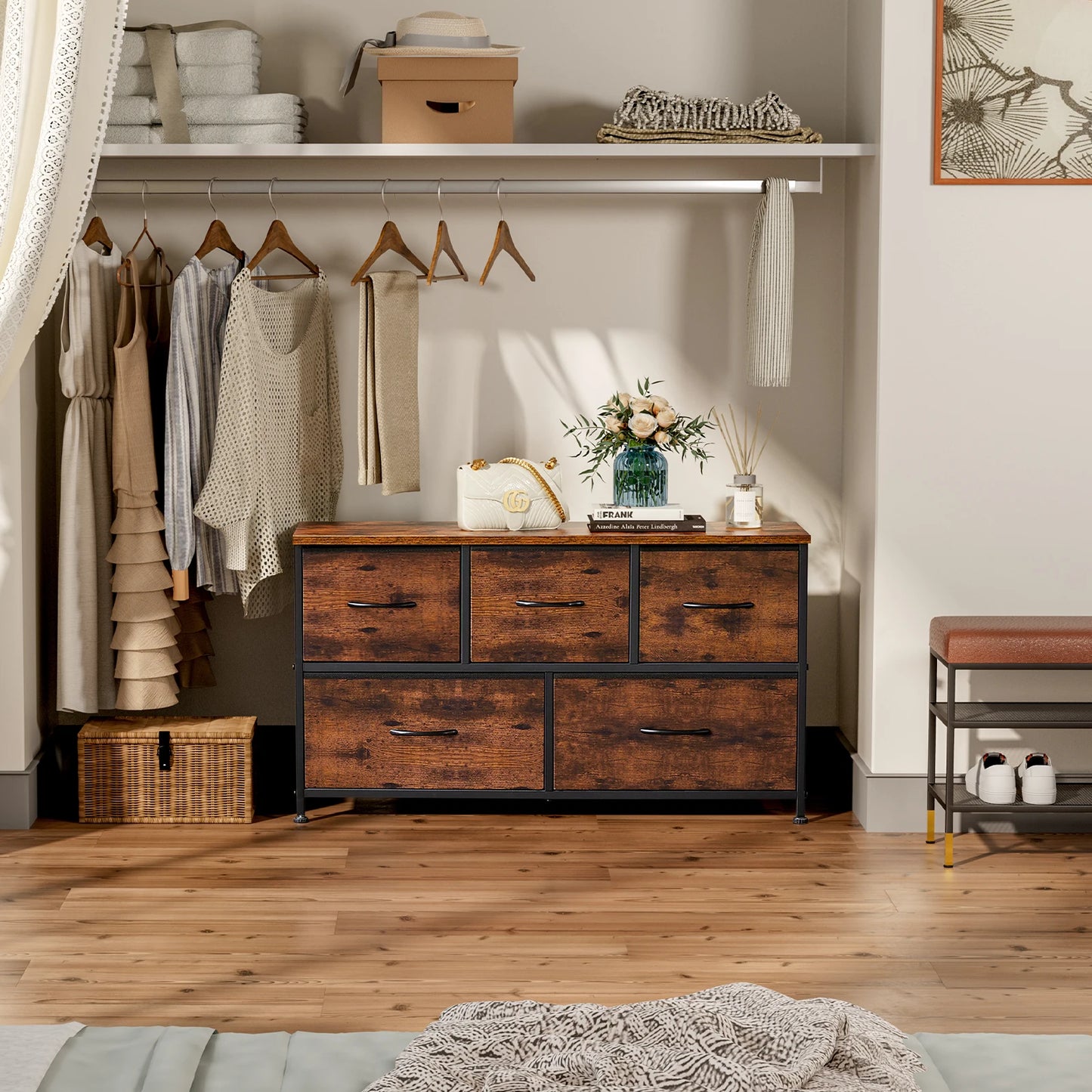 JHK Living Room Display Cabinet With 5 Fabric Drawers