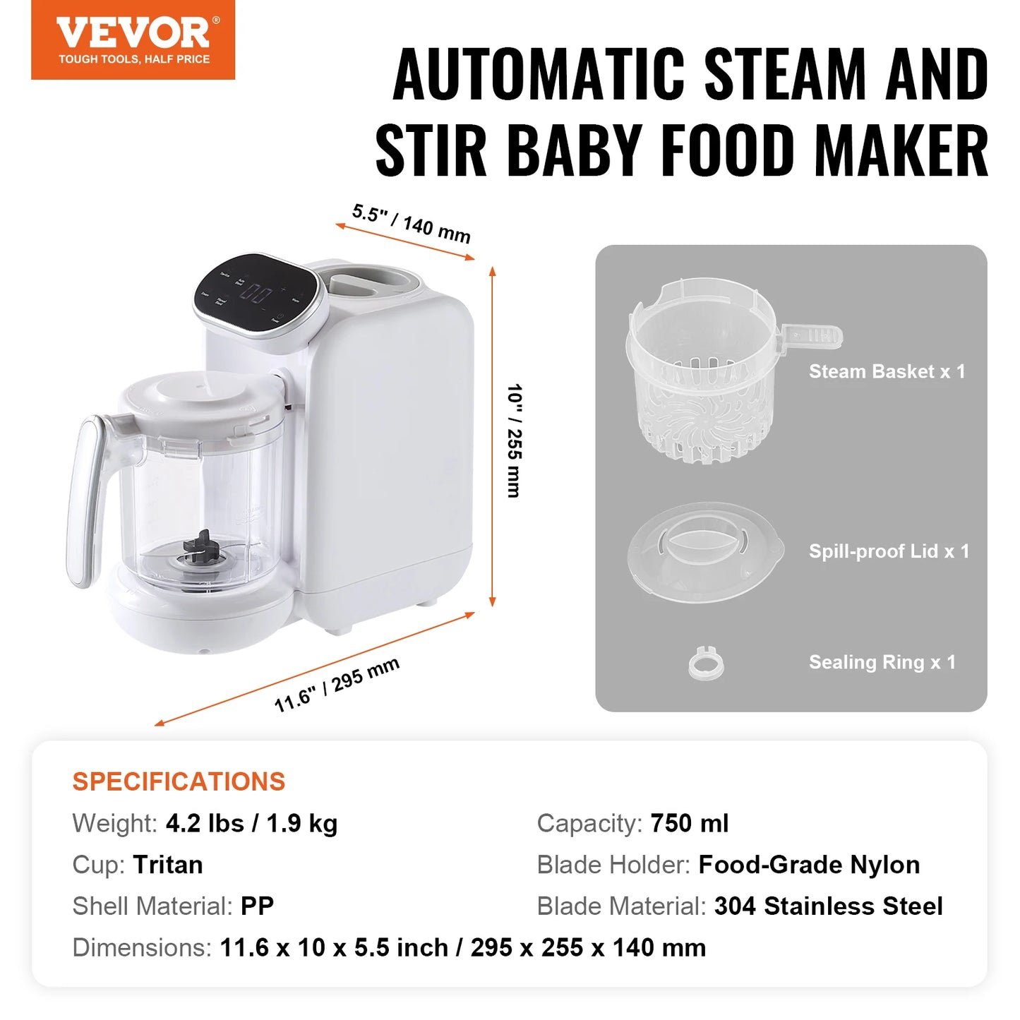 VEVOR Baby Food Maker 430W Five In One Steamer Grinder