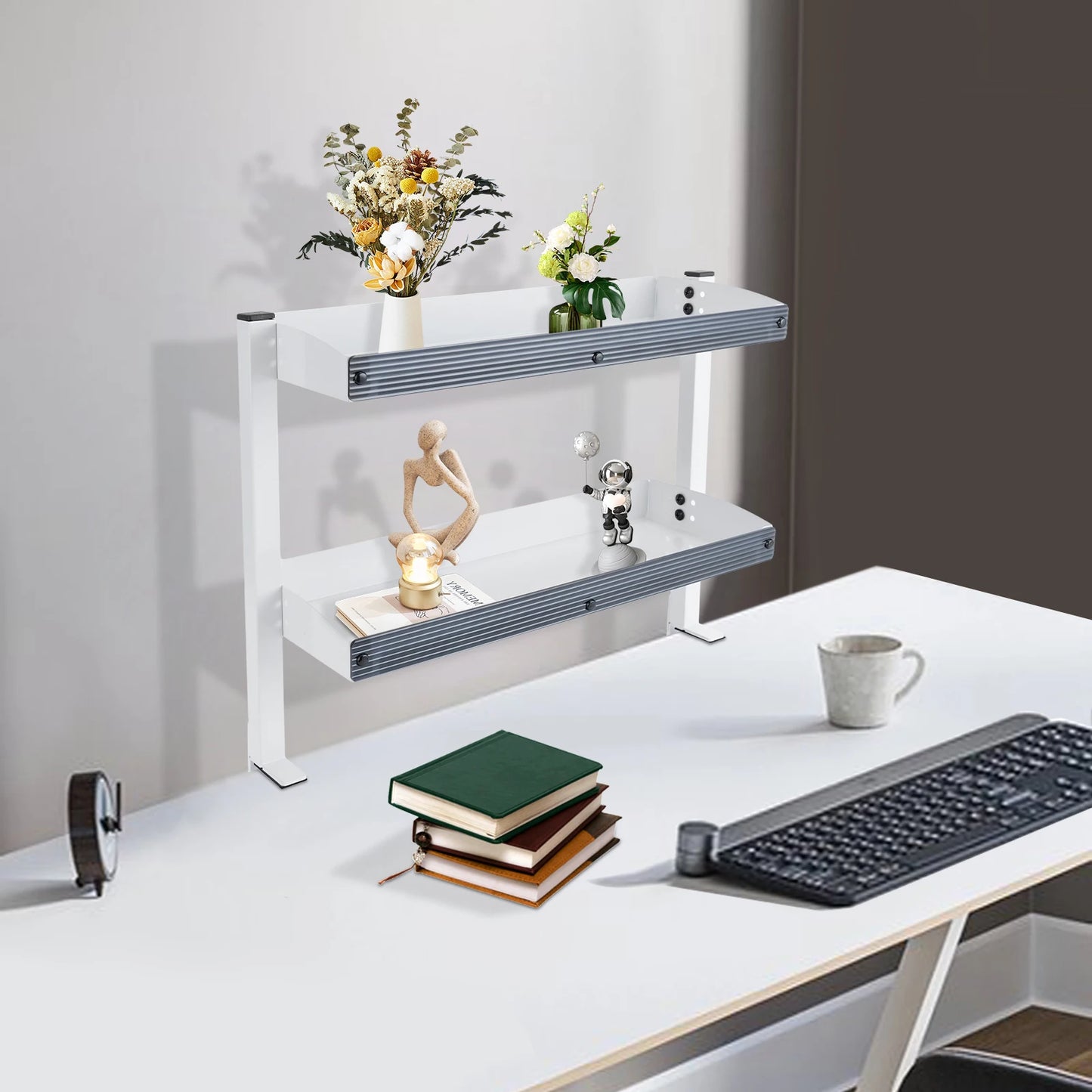 Clamp-on Desk Shelf, 2-Tier, Above or Under Table Corner Shelves Metal Organizer, White