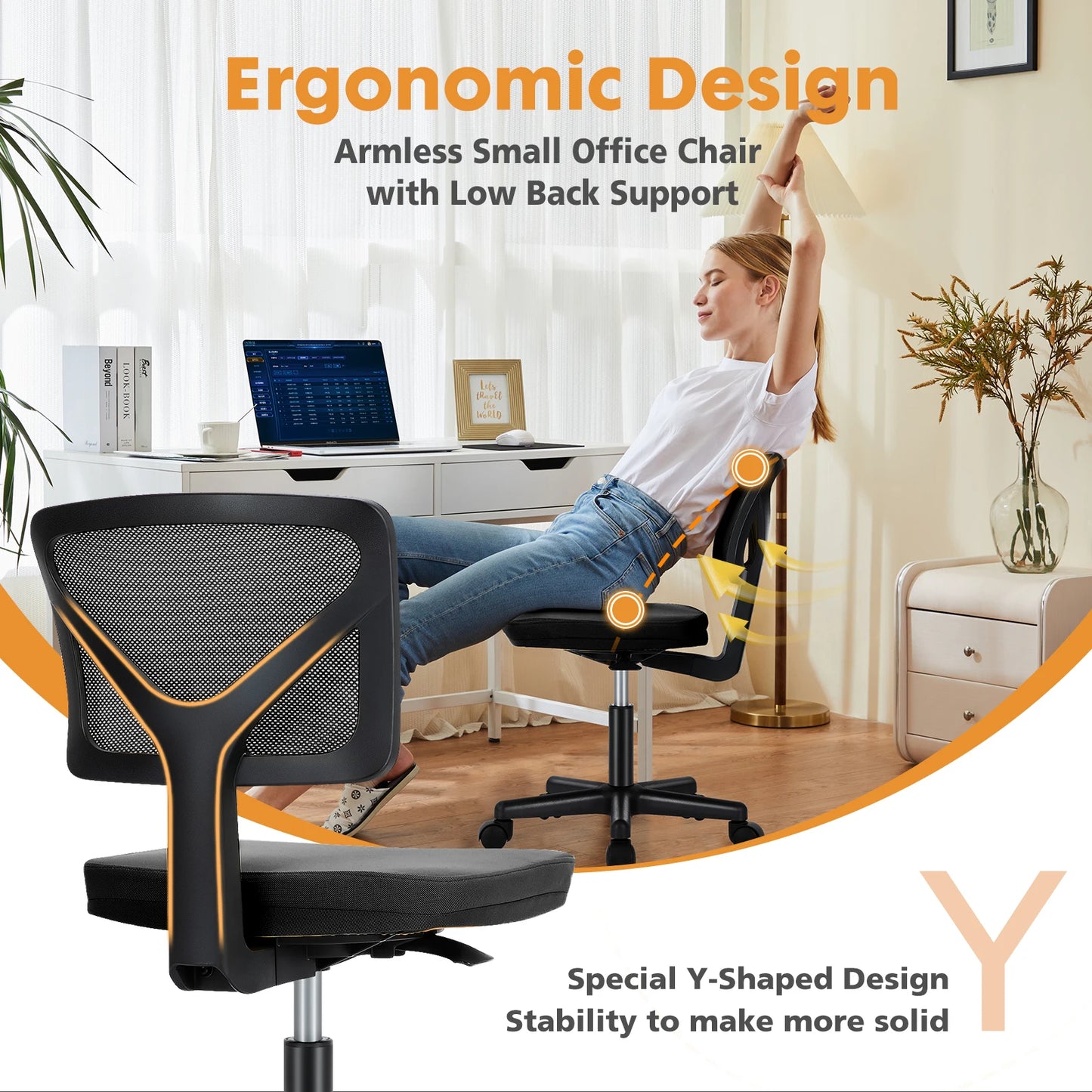 JHK Mesh Lumbar Support Adjustable Armless Office Chair With Wheels