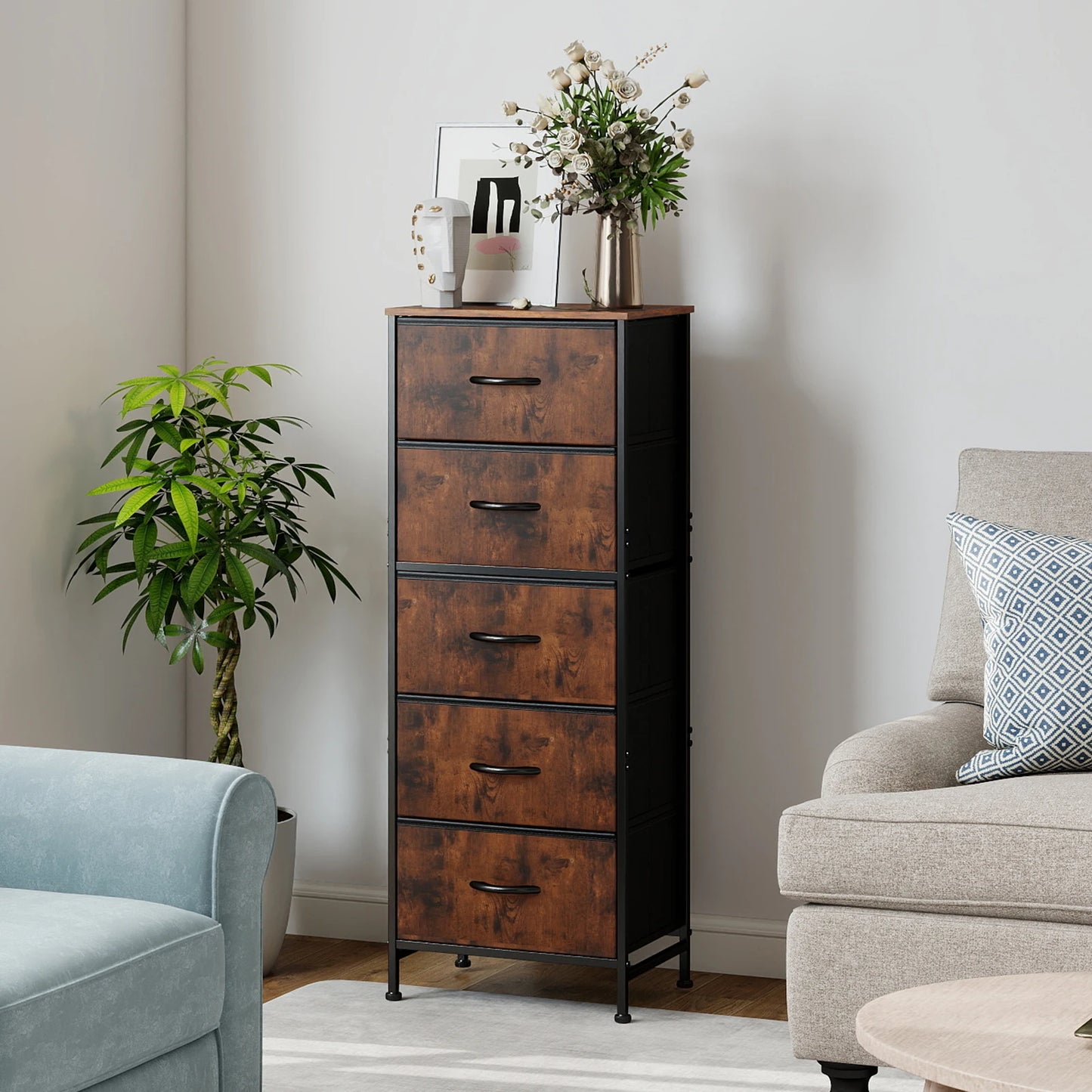 JHK 48 Inch Dresser With 5 Fabric Drawers Bedroom Storage Cabinet