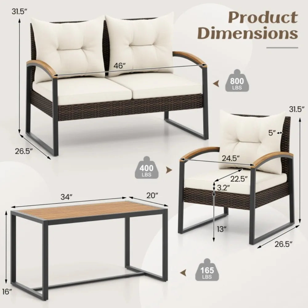 Patio Outdoor Rattan Conversation Sofa Set With Tabletop Cushions