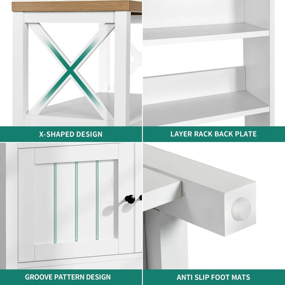 YITAHOME White Microwave Stand Bakers Rack Cabinet, Farmhouse Freestanding Small Kitchen Pantry Hutch Tall w Door Power Outlet T