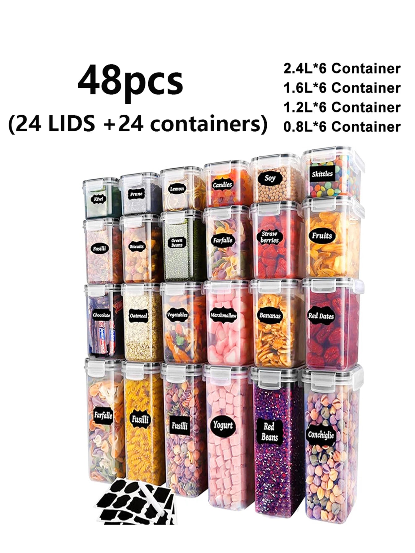 48-Piece Sealed Food Storage Containers With Lids Labeled