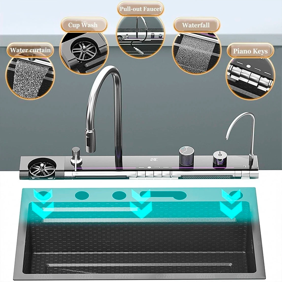 Stainless Steel Kitchen Waterfall Sink With Digital Display