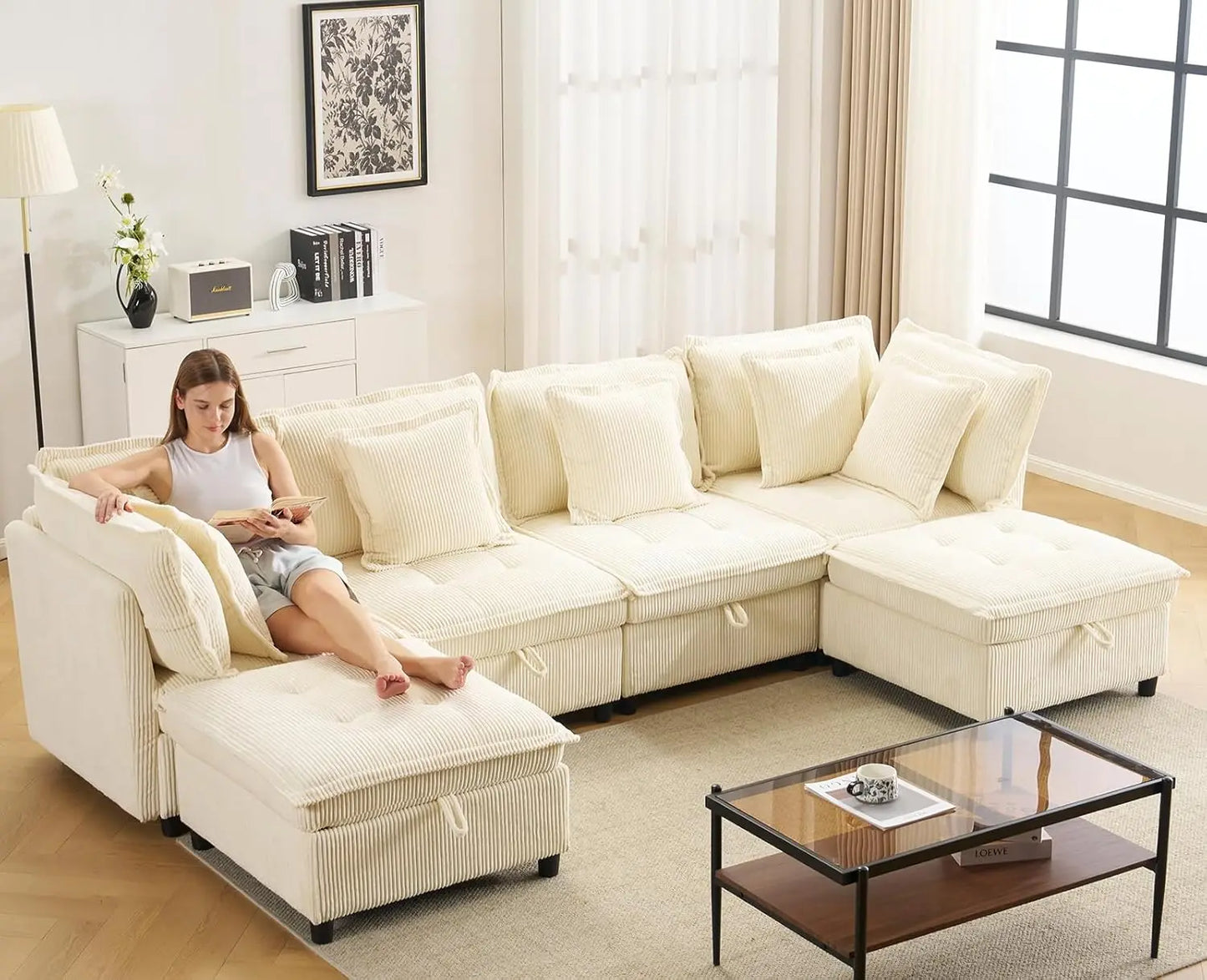 133' U-Shaped Modern Sofa Oversized L-Shaped Sectional Cloud Couch with 2 Ottomans Customizable Home Theater Seating Group