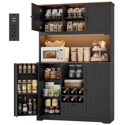 71" Pantry Cabinet with LED Light and Charging Station, Kitchen Pantry Cabinet with Microwave Stand, Kitchen Hutch, Customized
