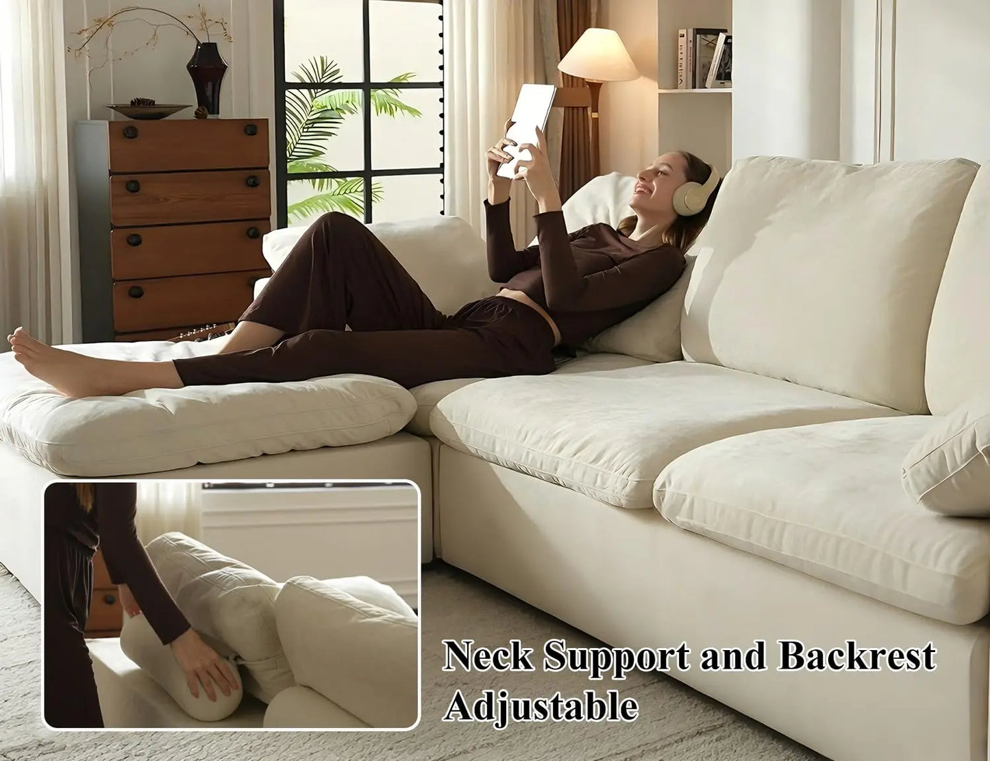 108'' Boneless Sectional Couch Cloud Sofa with Ottoman, Modular High-Resilience Foam Couches for Living Room, Large, Customized