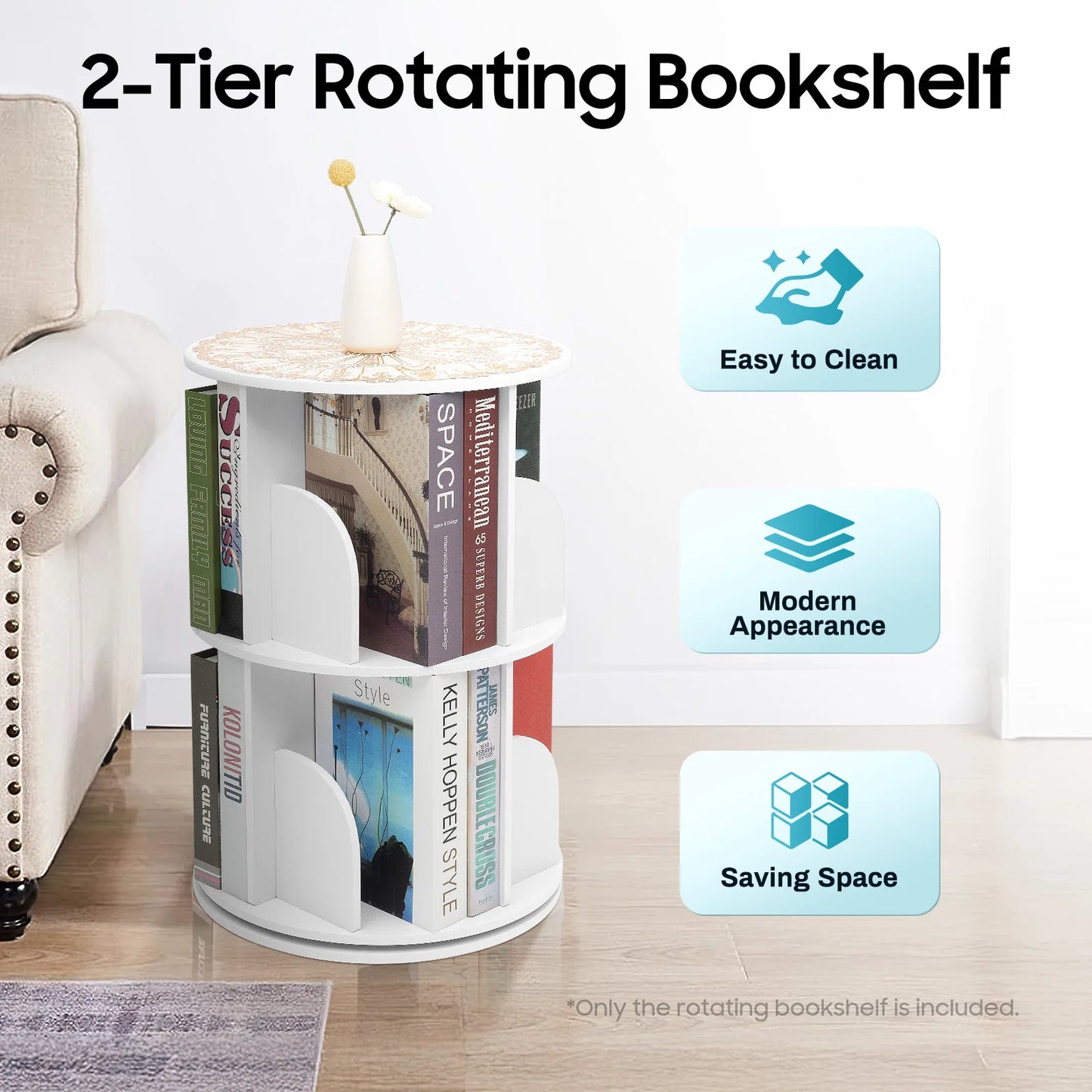 Rotating Bookshelf 360° 2-Layer Rotating Bookshelf Bookcase Freestanding Storage Shelf Display Rack Bookshelf for Living Room