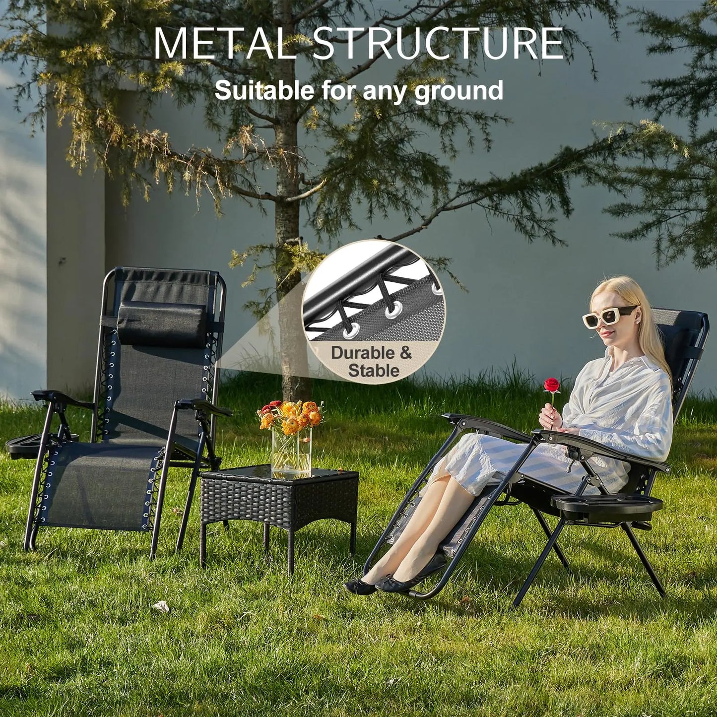 JHK Zero Gravity Set of 2 Portable Recliner Lounge Chairs with Cup Holders