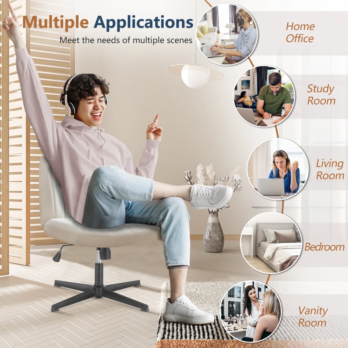 JHK Cross Legged Office Rocking Chair Armless Adjustable Swivel