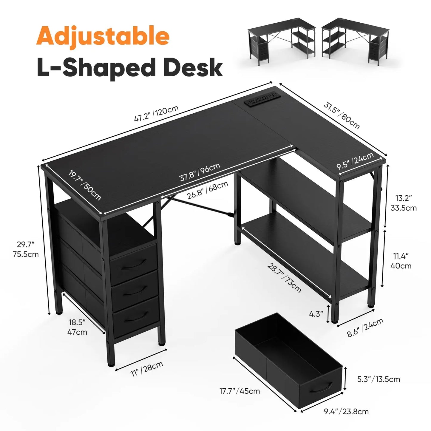 JHK L Shaped Desk With Shelves And Drawers
