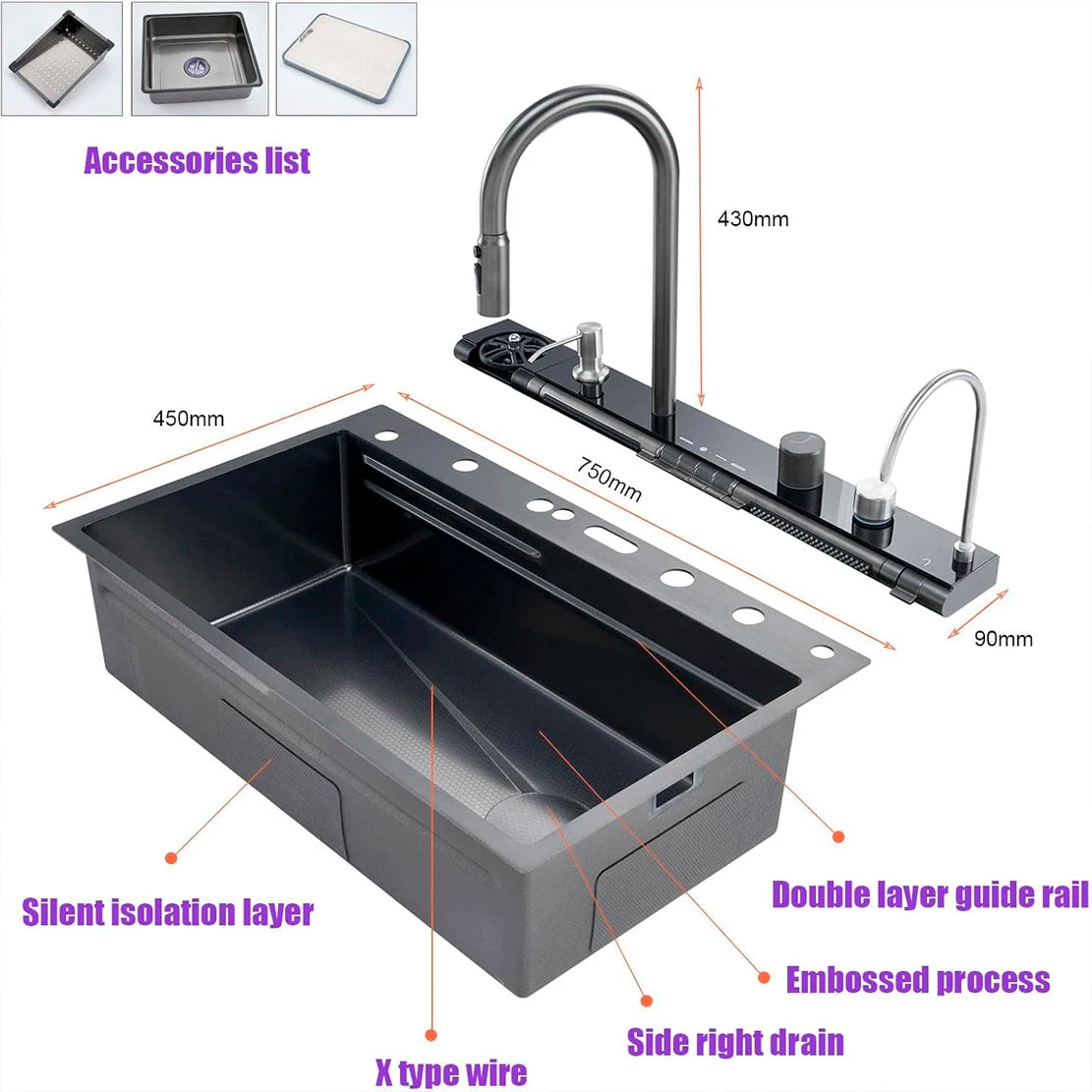 Stainless Steel Kitchen Waterfall Sink With Digital Display