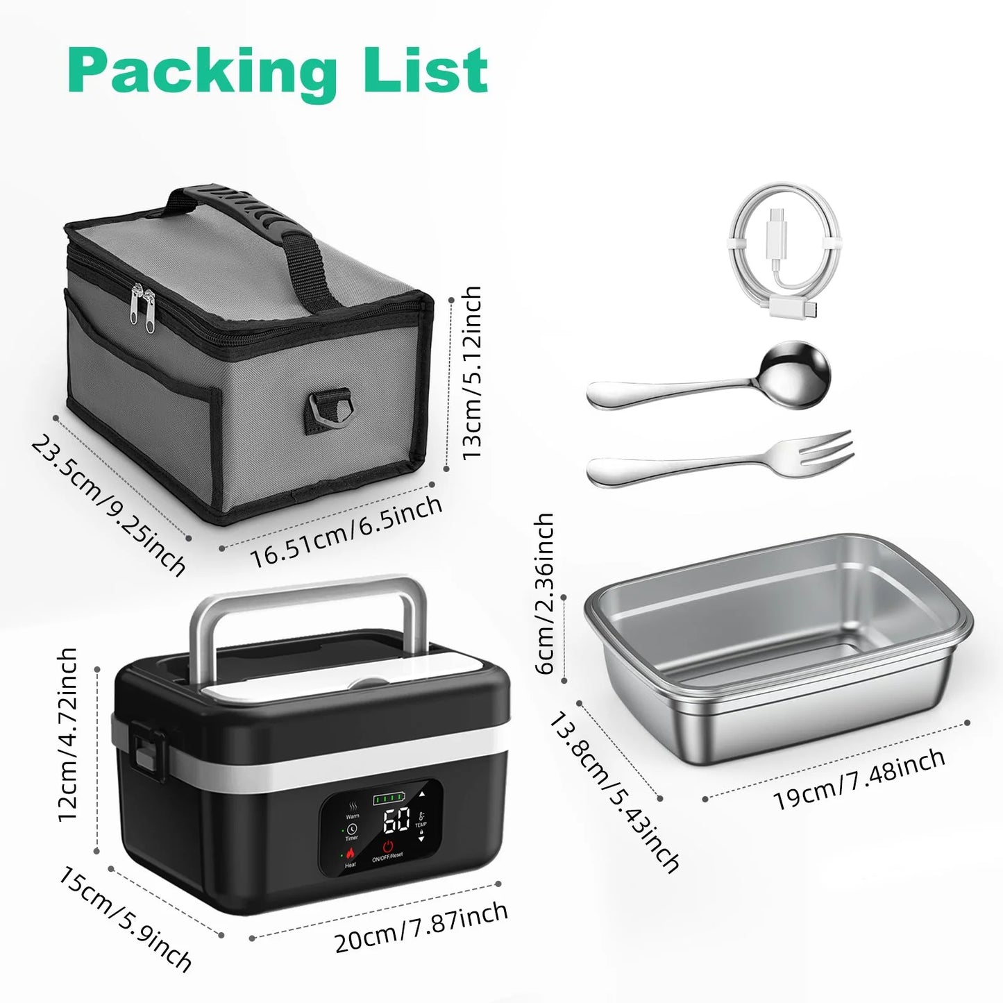 Wireless Insulated Lunch Box With 8000mAh Battery 60W Heating
