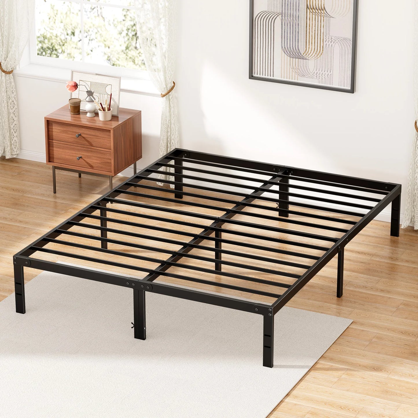JHK Metal Bed Frame With Storage And Solid Slat Support