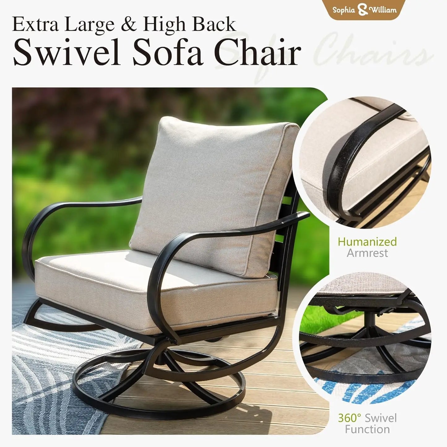 2 Pieces Patio Furniture Sets Metal Sofa Chairs Patio Cushion Armchairs Swivel Sofa Chairs with Removable Cover for Garden Backy
