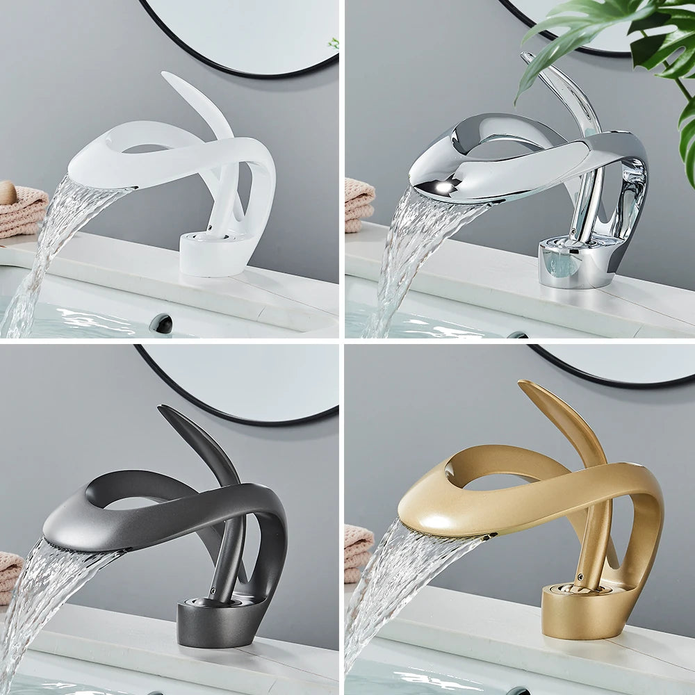 Rozin Luxury Black Basin Faucet Grey Bathroom Waterfall Mixer Tap Brass Deck Mount Modern Style Hot Cold Water Sink Mixer Crane