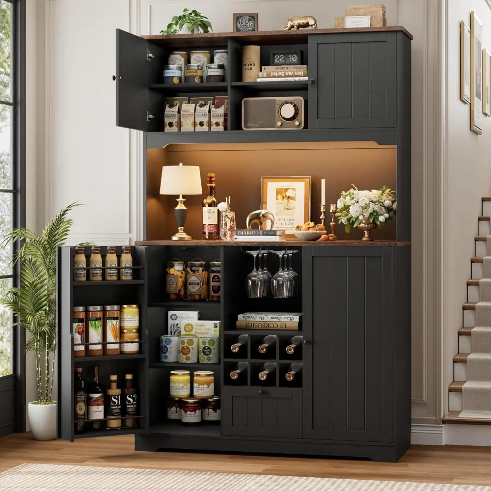 71" Pantry Cabinet with LED Light and Charging Station, Kitchen Pantry Cabinet with Microwave Stand, Kitchen Hutch, Customized