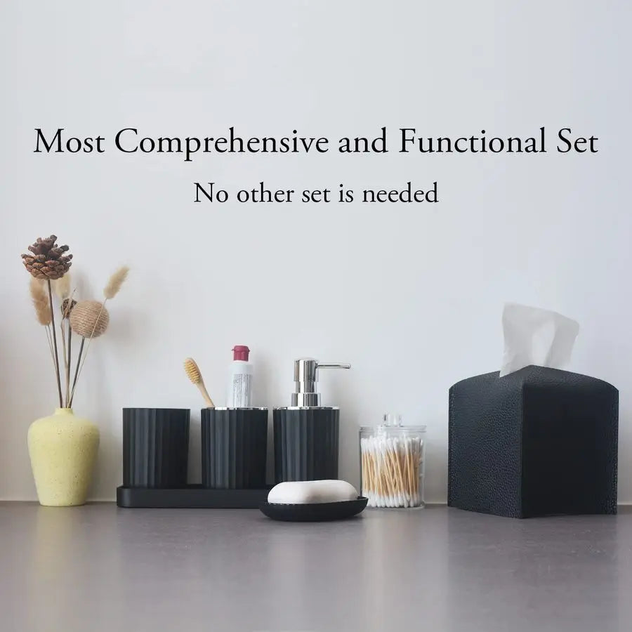 Accessory Set 10 Piece Black Bathroom Accessories Set with Trash Can, Toothbrush Holder and Cup, Soap Dispenser, Soap Dish, Toil