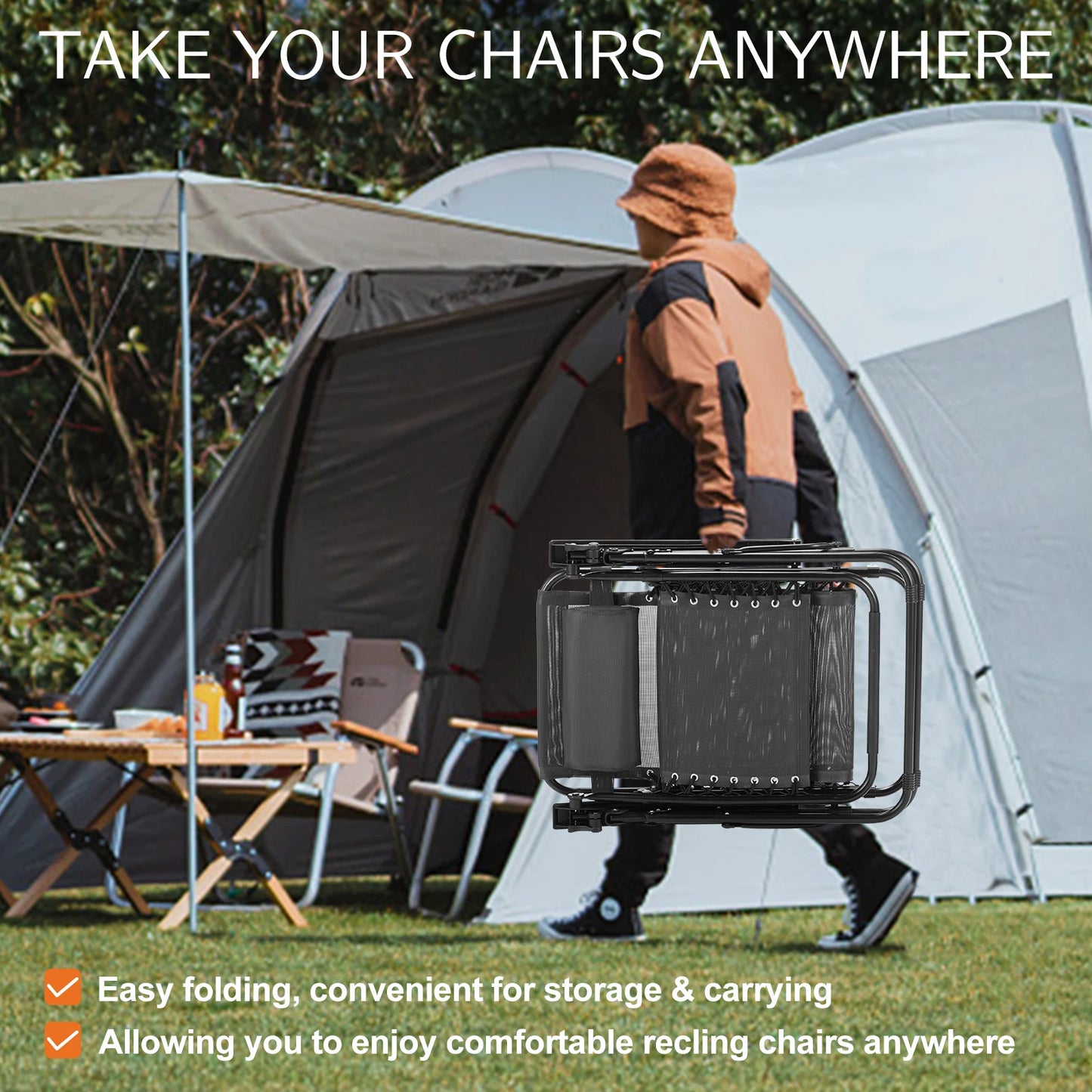 JHK Zero Gravity Set of 2 Portable Recliner Lounge Chairs with Cup Holders