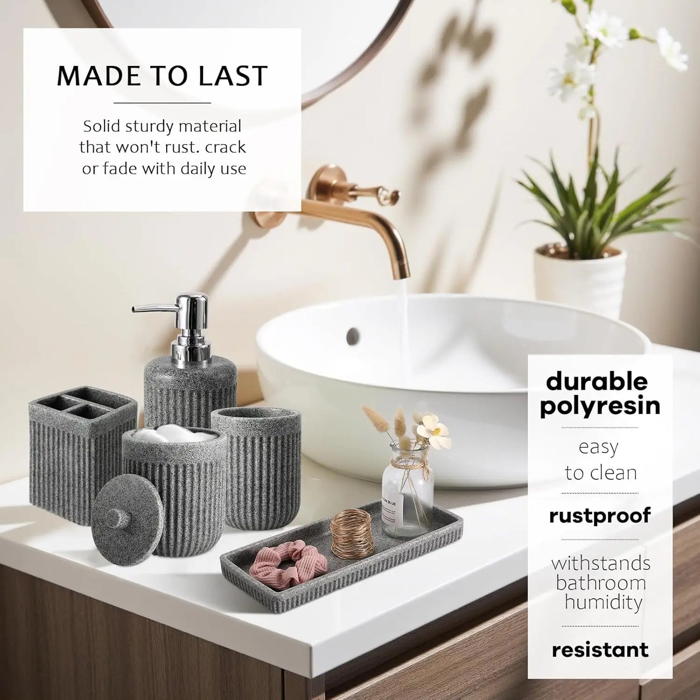 8 Piece Resin Bathroom Set With Shower Curtain And Organizers