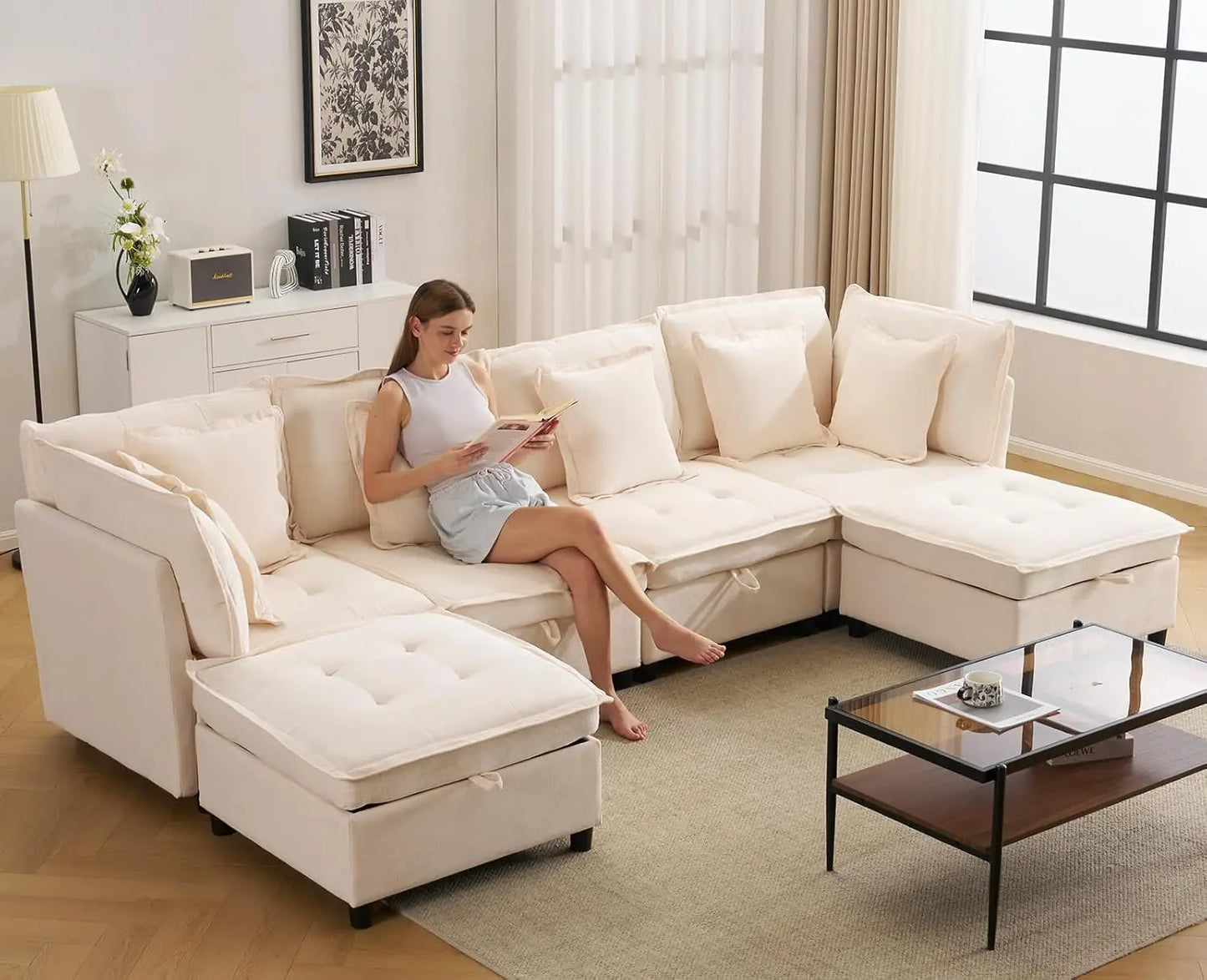 133' U-Shaped Modern Sofa Oversized L-Shaped Sectional Cloud Couch with 2 Ottomans Customizable Home Theater Seating Group